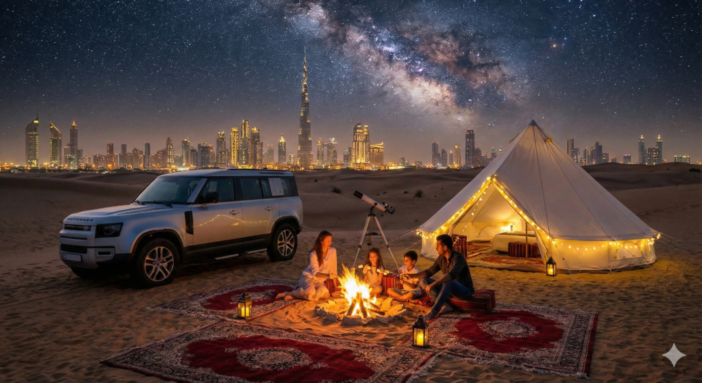 Desert Safari with Camping Dubai Desert Safari with Camping Dubai featuring a luxury tent, family enjoying a campfire, telescope stargazing, and Dubai skyline under the Milky Way