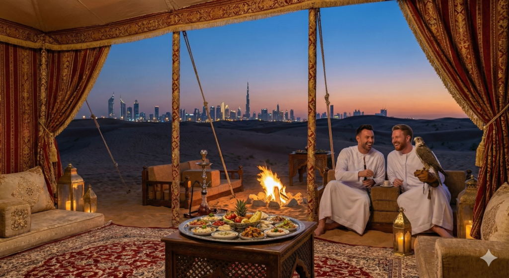 Desert Camping Dubai experience at dusk featuring a luxury Bedouin tent, traditional Arabic dinner, campfire seating, falconry, and stunning Dubai skyline views