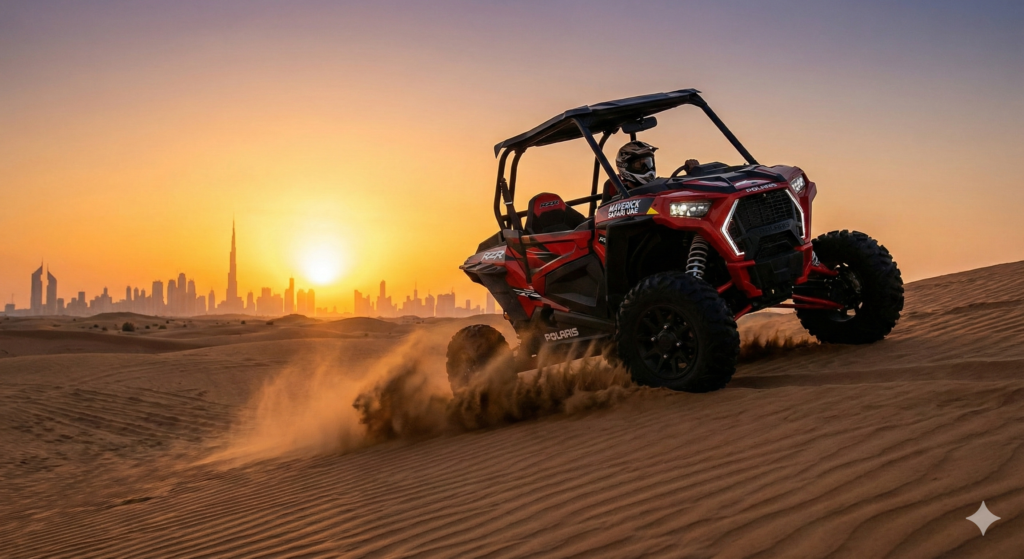 Polaris Buggy Dubai racing over golden sand dunes at sunset with the Dubai skyline and Burj Khalifa in the background