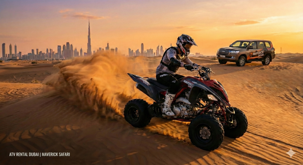 ATV Rental Dubai experience with a rider drifting a quad bike across golden desert dunes with Dubai skyline in the background