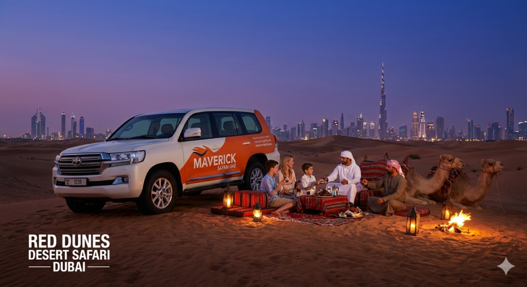 Red Dunes Desert Safari Dubai experience with traditional desert camp dinner, 4x4 SUV, camels, and Dubai skyline at twilight