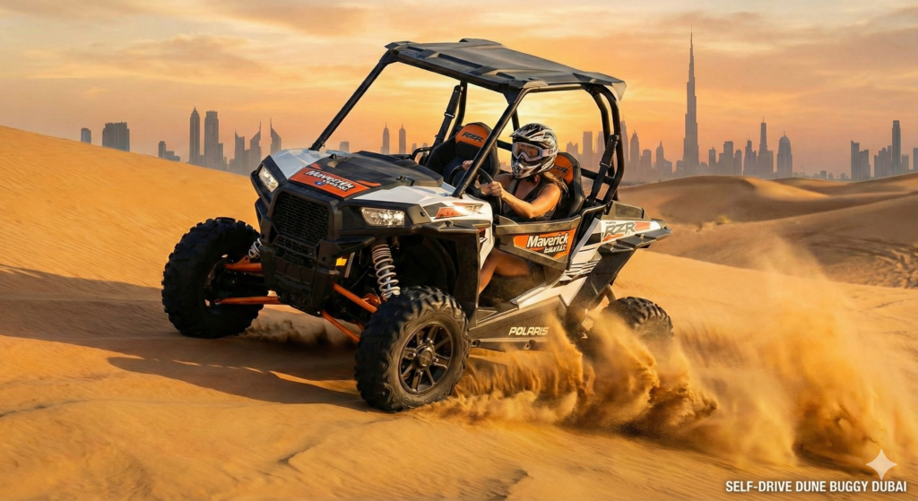 Adventure rider enjoying a self-drive dune buggy experience in the Dubai desert, drifting through golden sand dunes with the Burj Khalifa skyline in the background, highlighting Self-Drive Dune Buggy Dubai tours