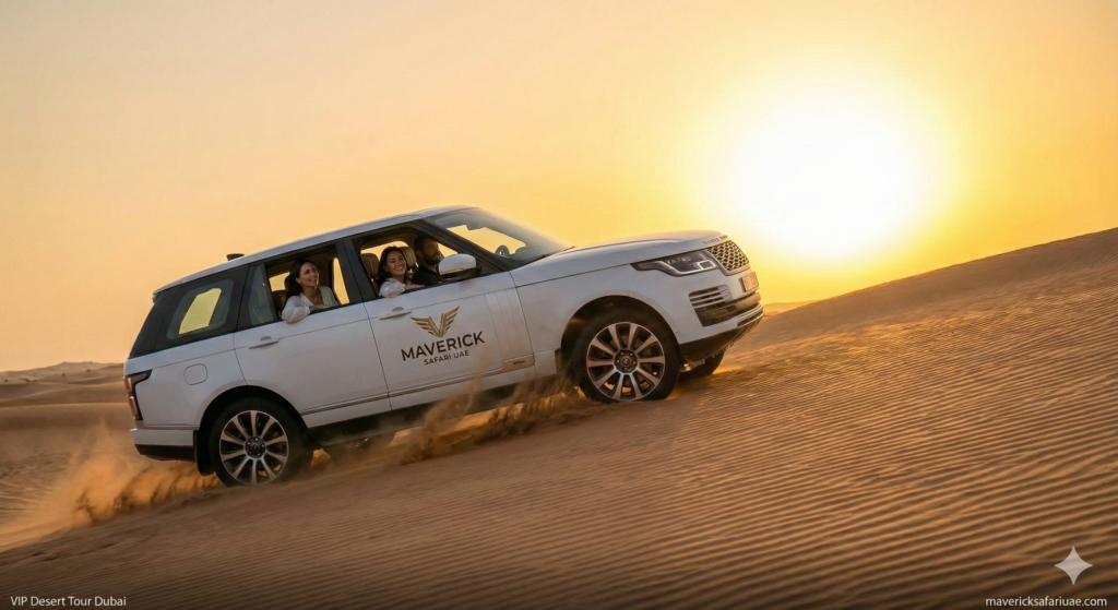 VIP Desert Tour Dubai featuring luxury 4x4 dune bashing at sunset with guests enjoying a premium private desert safari experience