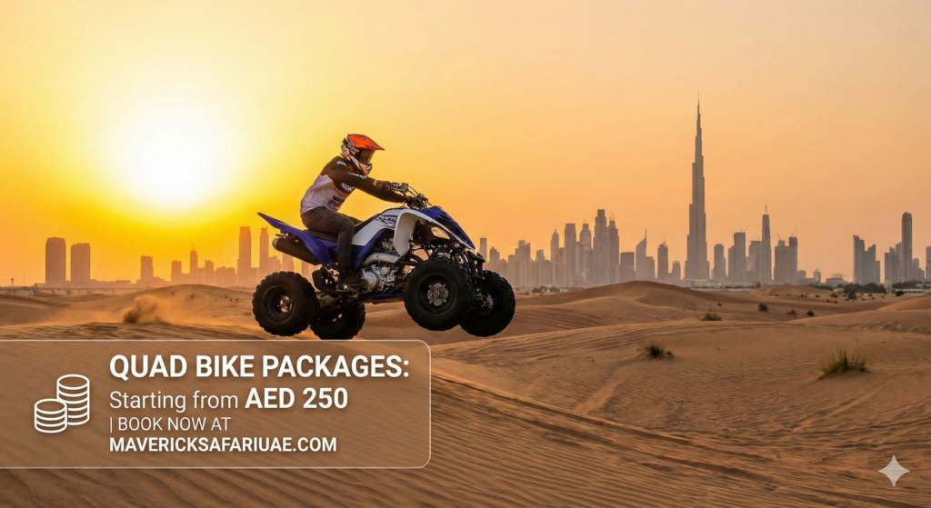 Quad bike rider jumping over sand dunes during a desert safari in Dubai at sunset with the Dubai skyline and Burj Khalifa in the background, showcasing Quad Bike Dubai Price packages starting from AED 250