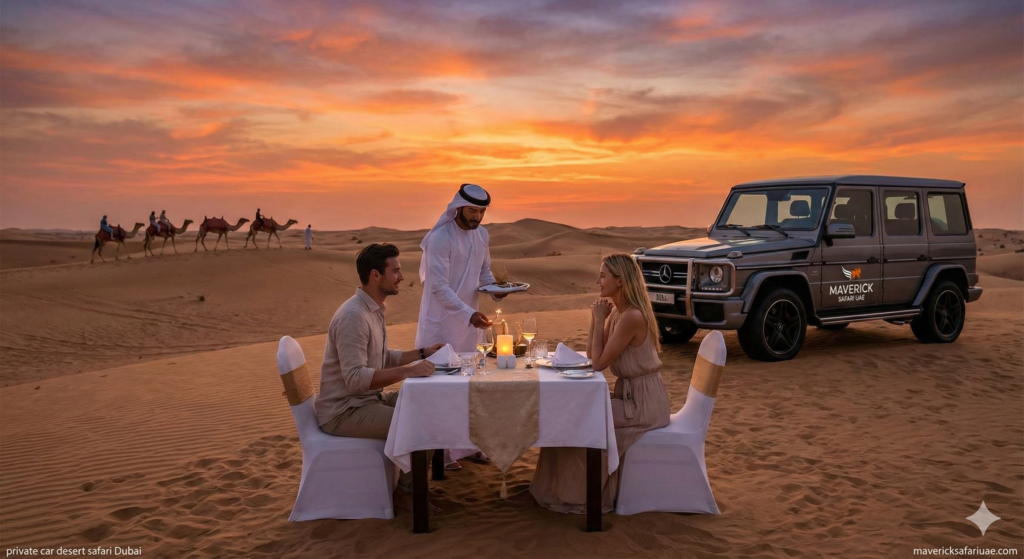 Private car desert safari Dubai featuring luxury 4x4 pickup, sunset dining, camel views and exclusive desert experience