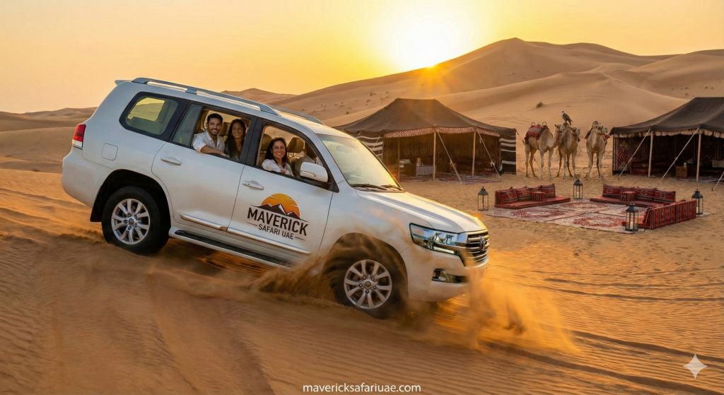 Private 4x4 Desert Safari Dubai showcasing luxury dune bashing in a private SUV, traditional desert camp setup, camels, and stunning sunset scenery