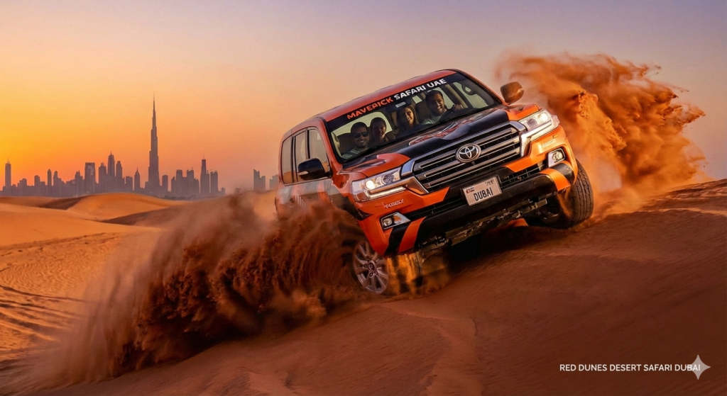Red Dunes Desert Safari Dubai featuring a luxury 4x4 Land Cruiser dune bashing across golden red sand dunes with Dubai skyline at sunset