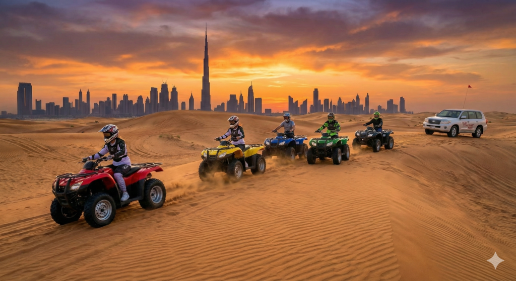 Quad Bike Tour Dubai with a group of riders enjoying an off-road desert adventure across golden sand dunes at sunset, featuring the Dubai skyline and Burj Khalifa in the background