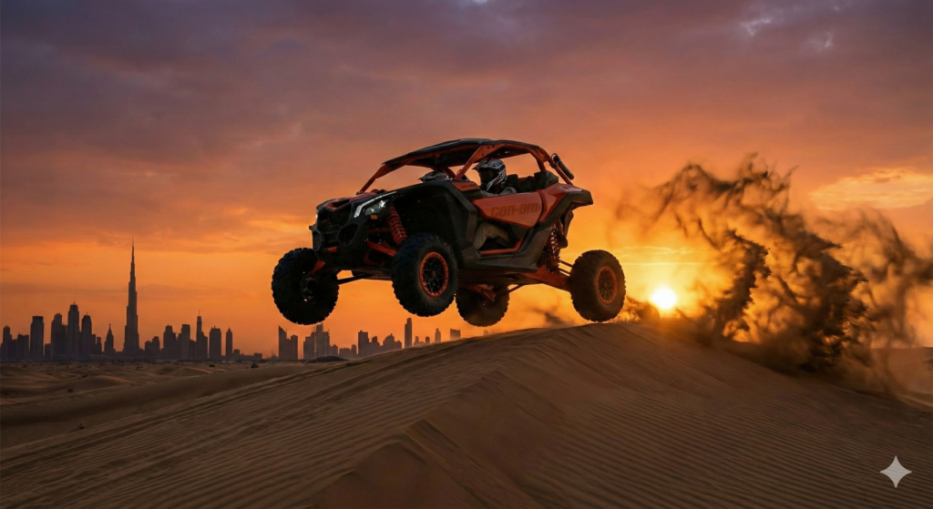 Self-Drive Dune Buggy Dubai Self-drive dune buggy jumping over Dubai desert sand dunes at sunset with dramatic dust trails and the Burj Khalifa skyline in the background, showcasing thrilling Self-Drive Dune Buggy Dubai adventures