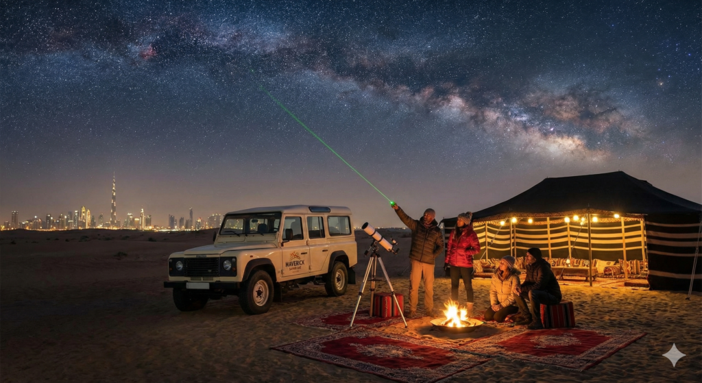 Stargazing Desert Safari Dubai Stargazing Desert Safari Dubai with guests observing the Milky Way through a telescope, traditional desert camp, campfire seating, and 4x4 safari vehicle with Dubai skyline illuminated in the background