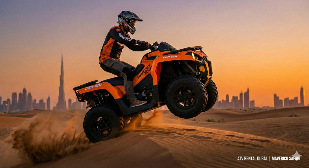 ATV Rental Dubai showcasing a professional rider jumping a quad bike across golden desert dunes with the Burj Khalifa skyline at sunset