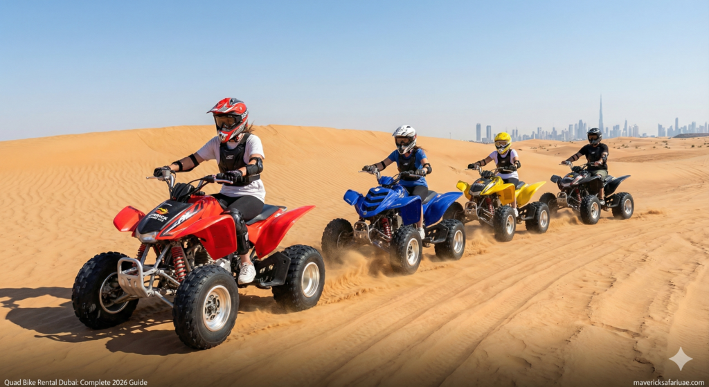 Quad Bike Rental Dubai experience with riders enjoying guided ATV adventure across golden desert dunes with Dubai skyline in the background