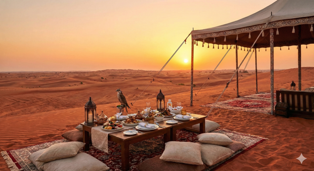Lahbab Desert Safari luxury sunset dinner setup with traditional Bedouin tent and red sand dunes in Dubai