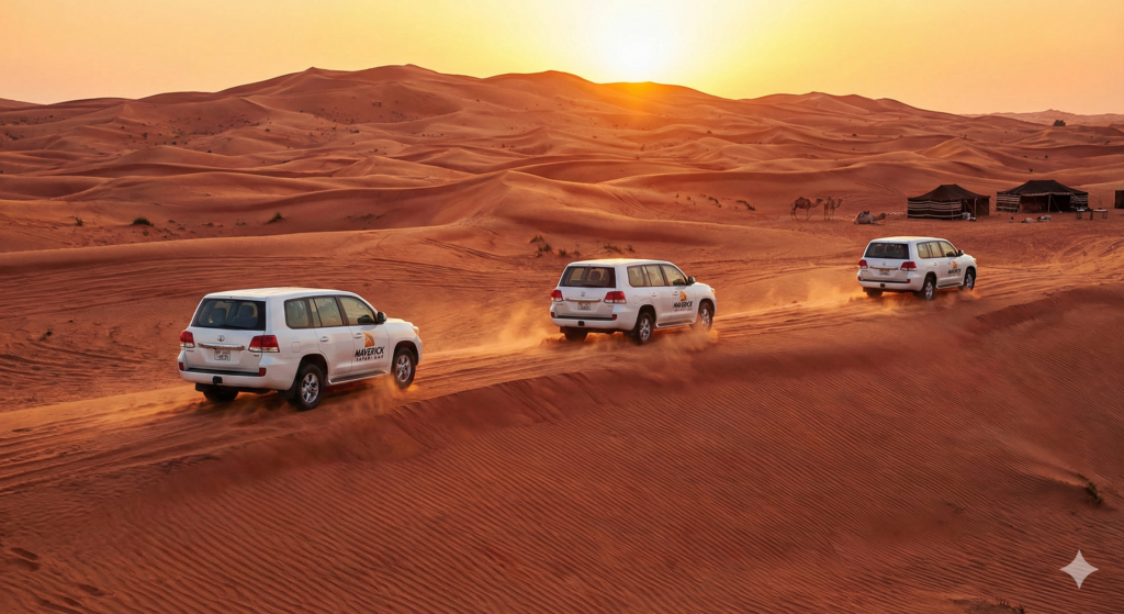 Red Sand Dunes Dubai adventure with 4x4 desert safari vehicles driving across golden dunes during a scenic sunset