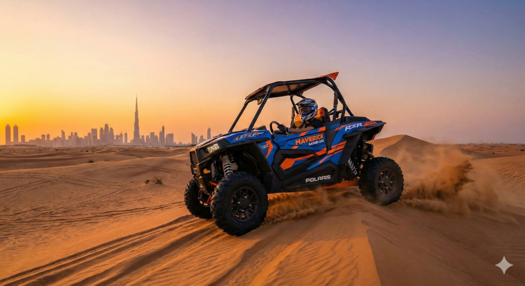 Polaris Buggy Dubai driving over golden desert dunes at sunset with the Dubai skyline and Burj Khalifa in the background