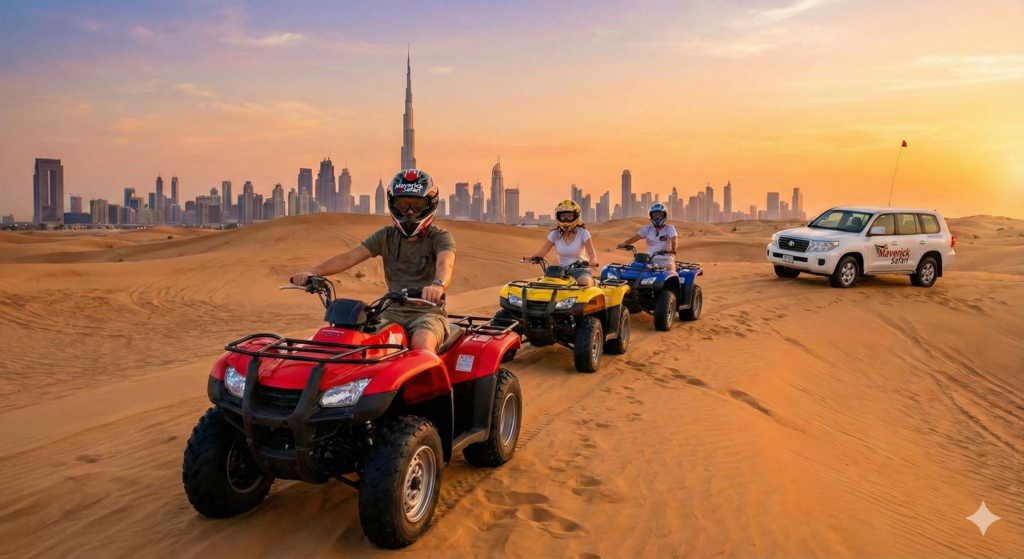 Quad Bike Tour Dubai with riders enjoying an off-road desert adventure on quad bikes, riding across golden sand dunes with the Dubai skyline and Burj Khalifa in the background during sunset.
