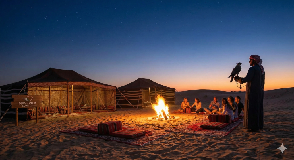 Lahbab Desert Safari featuring a traditional Bedouin camp with tourists enjoying a campfire dinner and falcon display under the desert night sky