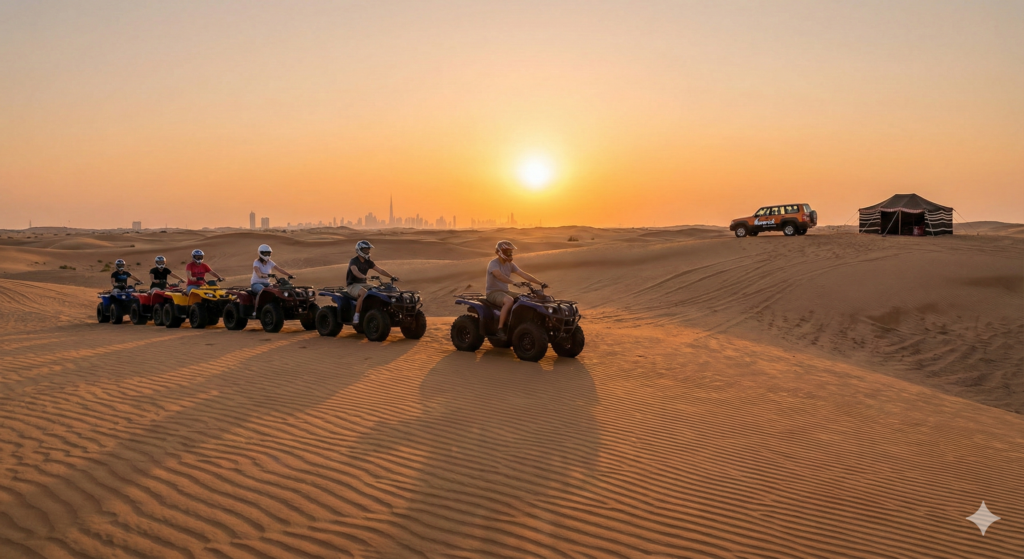 ATV Quad Bike Dubai ATV Quad Bike Dubai group tour riding across golden desert dunes at sunset with Dubai skyline in the background