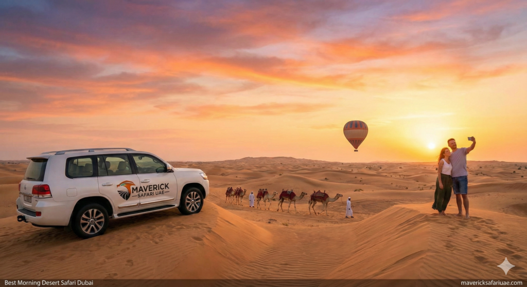 Best Morning Desert Safari Dubai showcasing breathtaking sunrise views, luxury 4x4 desert safari, camel caravan, and hot air balloon adventure