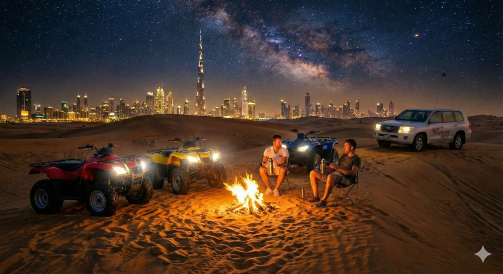 Quad Bike Tour Dubai with riders enjoying a desert campfire at night, parked quad bikes on golden sand dunes, and the illuminated Dubai skyline with Burj Khalifa under a starry sky