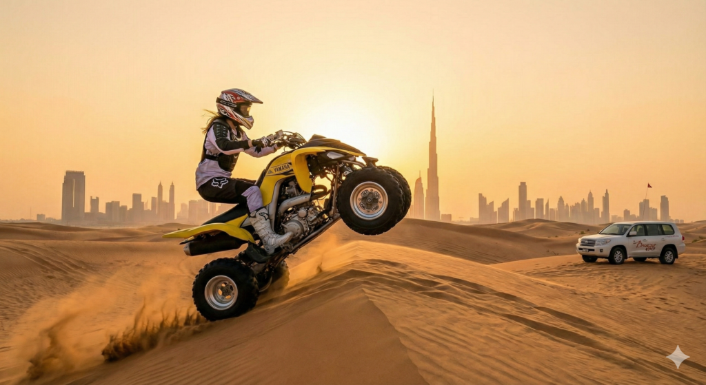 Rider conquering high dunes on a Quad Bike Tour Dubai, blending desert adventure with stunning skyline scenery
