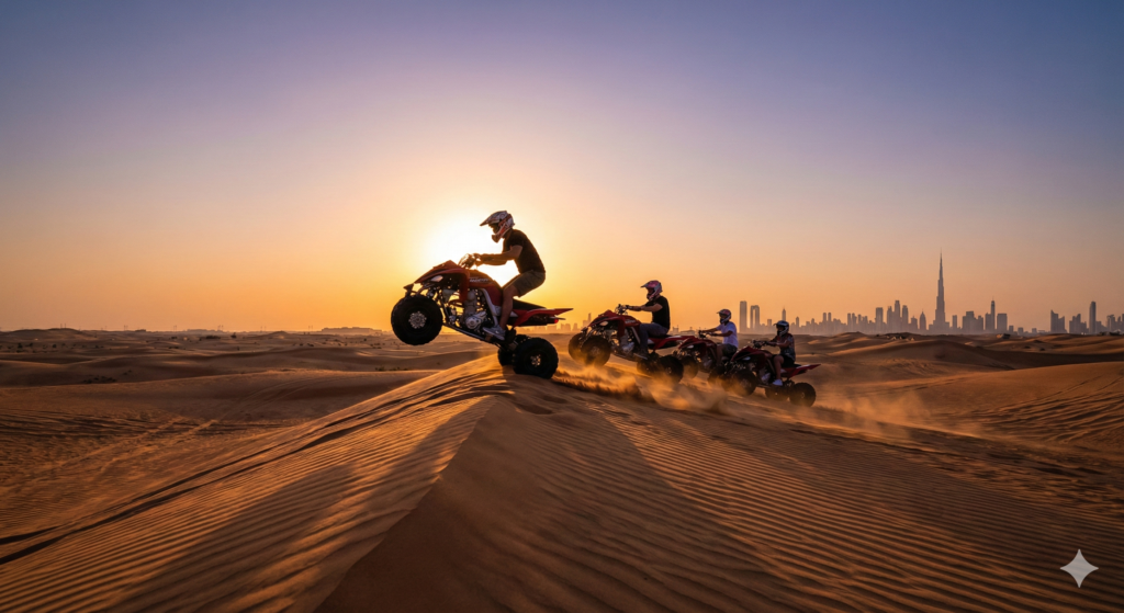 Quad Biking Dubai Desert adventure at sunset with riders climbing golden sand dunes, kicking up dust while the Dubai skyline and Burj Khalifa appear in the background