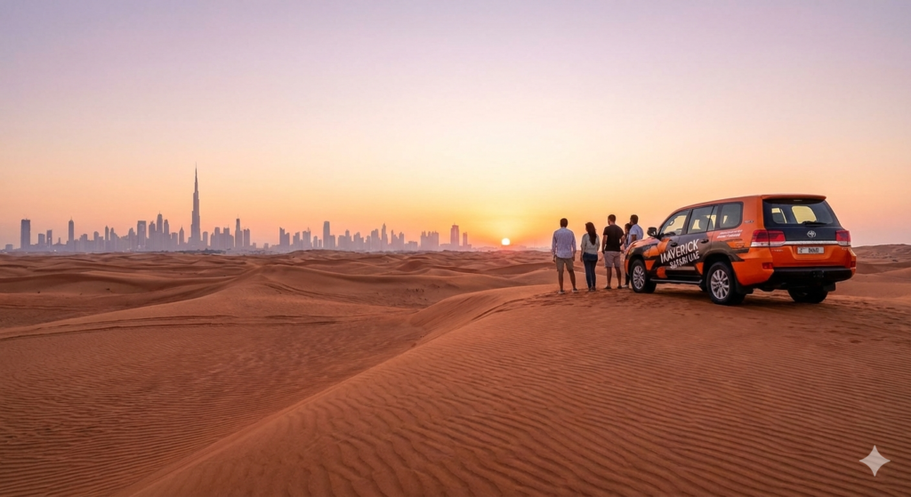 Red Dunes Desert Safari Dubai at sunset with tourists standing on red sand dunes beside a 4x4 safari vehicle overlooking the Dubai skyline