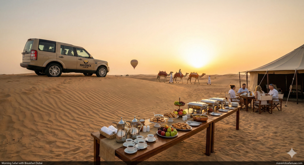 Morning Safari with Breakfast Dubai showcasing a luxury 4x4 desert safari, private desert camp breakfast setup, camel caravan, hot air balloon, and stunning sunrise in the Arabian Desert