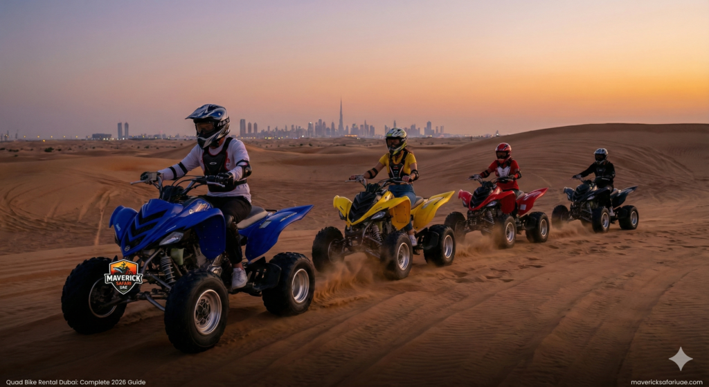 Group of riders enjoying Quad Bike Rental Dubai at sunset, riding colorful quad bikes across golden sand dunes with Dubai skyline in the background.