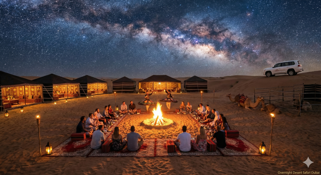 Overnight Desert Safari Dubai Overnight Desert Safari Dubai experience featuring a traditional desert camp under a star-filled sky, guests enjoying a bonfire dinner, cultural entertainment, camel resting area, and luxury 4x4 vehicle in the Arabian desert.
