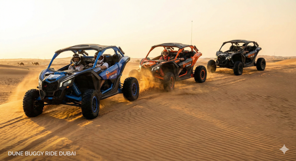 Dune Buggy Ride Dubai adventure with a group of off-road buggies driving across golden desert dunes.