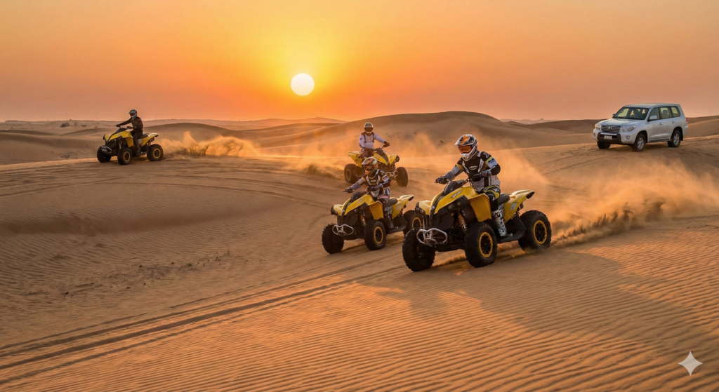 Quad Bike Desert Adventure with riders speeding across golden sand dunes at sunset during a guided Dubai desert safari