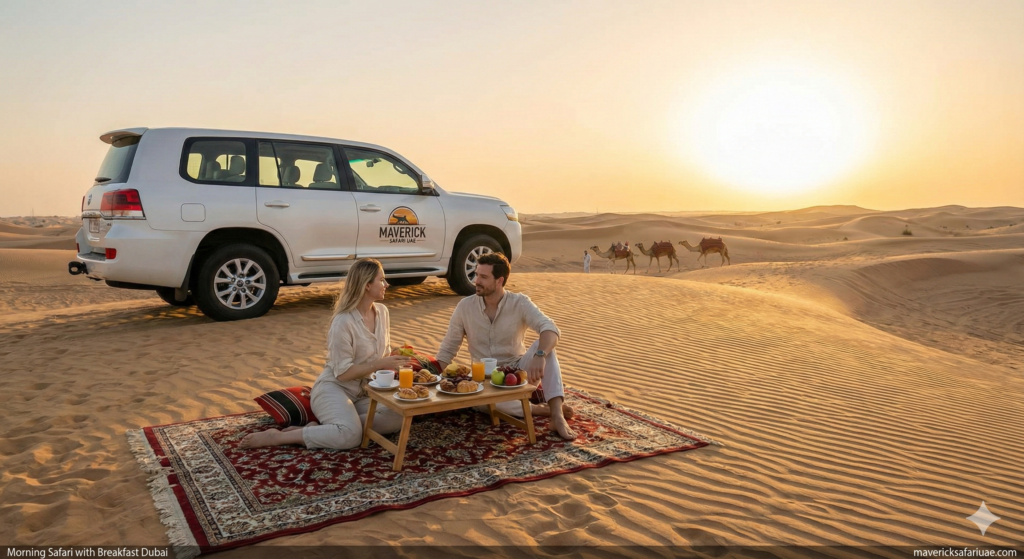 Morning Safari with Breakfast Dubai Morning Safari with Breakfast Dubai highlighting a luxury 4x4 SUV, private desert breakfast setup, couple enjoying sunrise views, and traditional camel caravan in the Arabian Desert