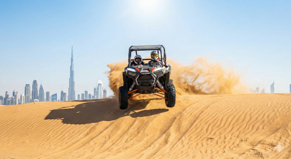 Thrilling Dune Buggy Rental Dubai ride capturing off-road action, flying sand, and iconic city views
