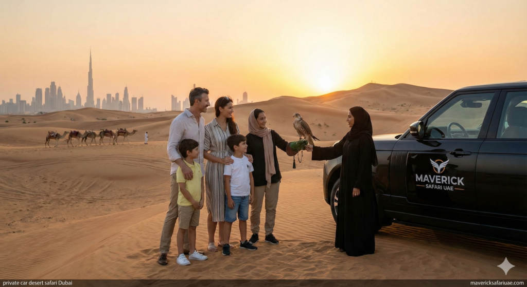 Family enjoying a private car desert safari Dubai at sunset, interacting with a falcon beside a luxury 4x4 vehicle, with camel caravan and Dubai skyline in the background