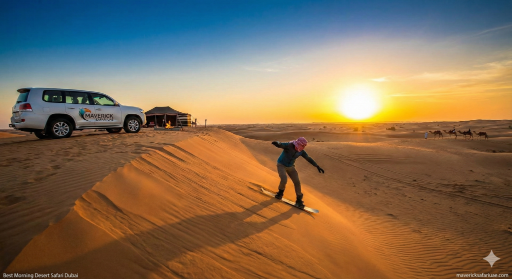 Best Morning Desert Safari Dubai featuring sandboarding on golden dunes at sunrise with a luxury 4x4 desert safari vehicle