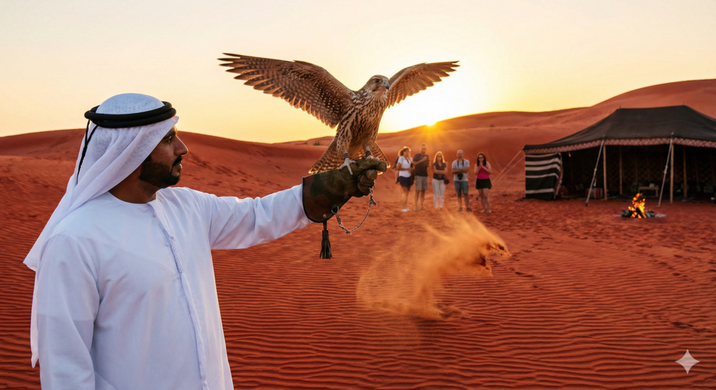 Traditional Emirati falconer holding a falcon with wings spread at sunset on the Red Sand Dunes Dubai, with desert camp tents and tourists in the background, showcasing authentic desert safari and falconry experience