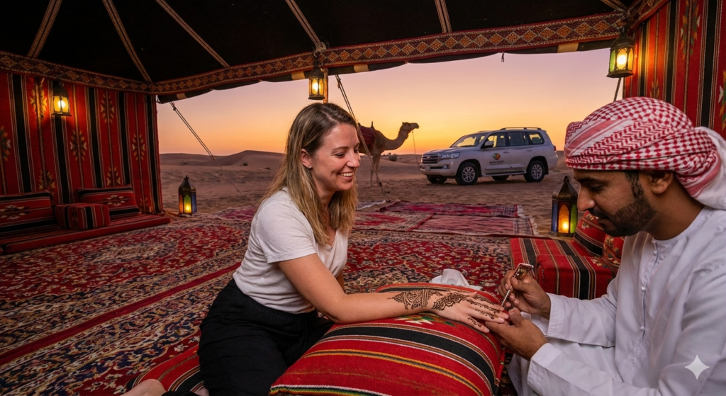 Tourist enjoying traditional henna hand painting inside a desert camp during Lahbab Desert Safari, with Arabian tents, lanterns, camel, and 4x4 safari vehicle at sunset in Dubai