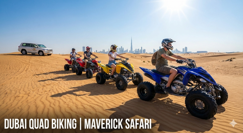 Best Quad Biking Dubai Best Quad Biking Dubai experience with a group of riders enjoying guided quad biking across golden desert dunes, featuring the Dubai skyline and Burj Khalifa in the background
