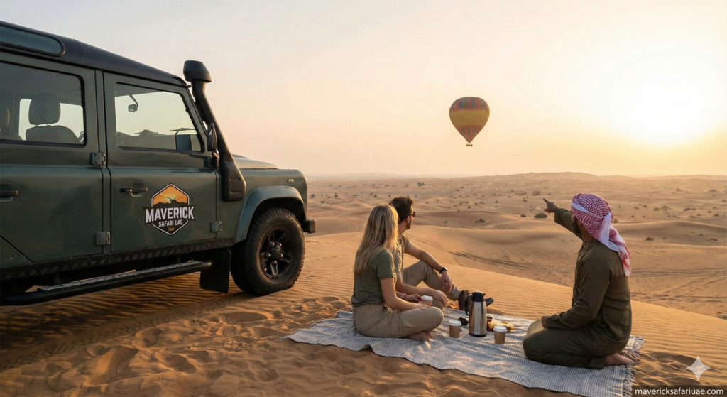 Private 4x4 Desert Safari Dubai showcasing a luxury SUV, guided sunrise picnic in the desert, tourists enjoying dunes, and a hot air balloon floating at sunrise