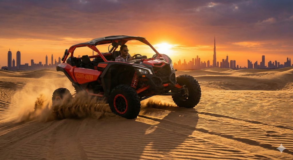 Luxury desert adventure with Dune Buggy Ride Dubai, showcasing sunset dune driving near Dubai city