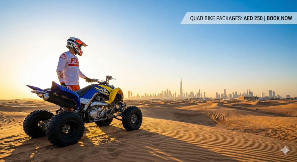 Quad bike rider standing on a powerful ATV on Dubai desert dunes with the Burj Khalifa and city skyline in the background at sunrise, highlighting Quad Bike Dubai Price packages starting from AED 250