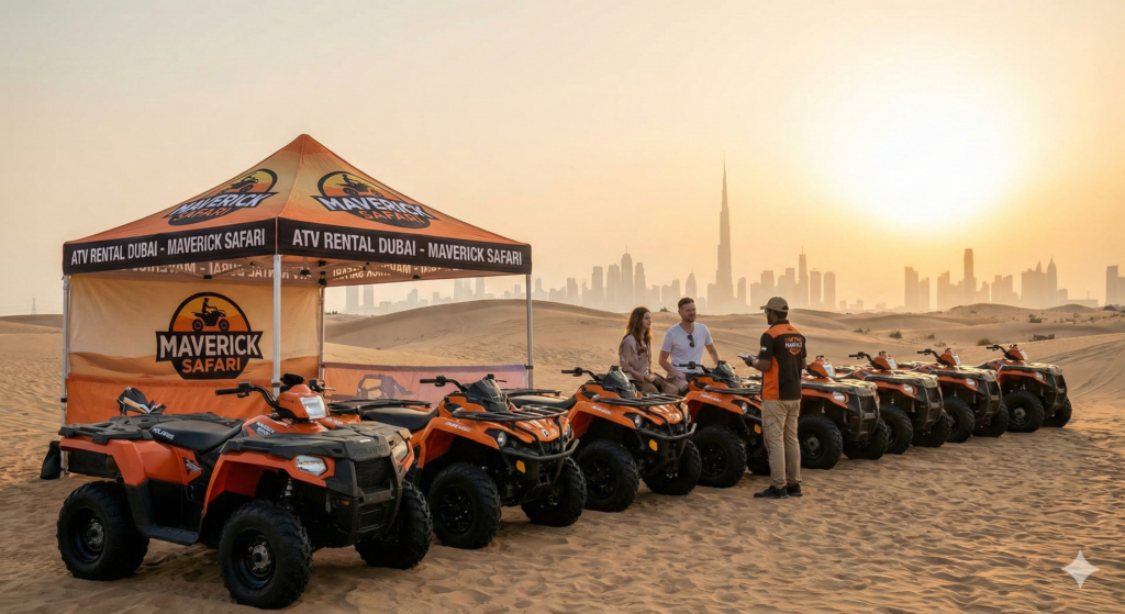 ATV Rental Dubai experience with Maverick Safari, featuring a lineup of powerful quad bikes in the Dubai desert, tourists preparing for an off-road adventure with Burj Khalifa skyline in the background at sunset