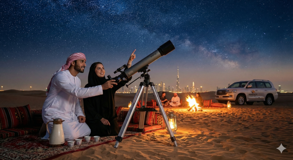 Stargazing Desert Safari Dubai experience with tourists using a telescope under a star-filled sky, enjoying traditional desert seating, campfire, and Dubai skyline in the background