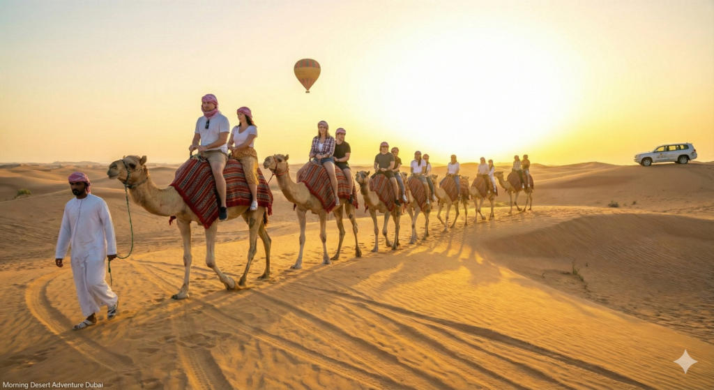 Morning Desert Adventure Dubai with group enjoying camel ride at sunrise across golden sand dunes, hot air balloon and desert safari vehicle in the background.