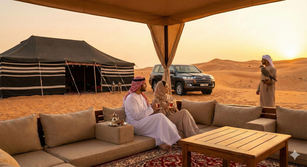 Guests relaxing in a traditional desert camp during Lahbab Desert Safari, enjoying Arabic hospitality with tea, cultural seating, luxury 4x4 vehicle, and golden sand dunes at sunset in Dubai