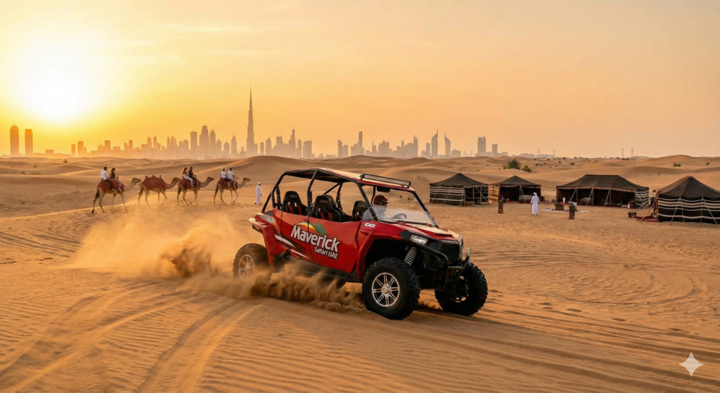 Desert Safari With Dune Buggy featuring a red off-road buggy drifting across golden dunes with Dubai skyline and camel ride in the background
