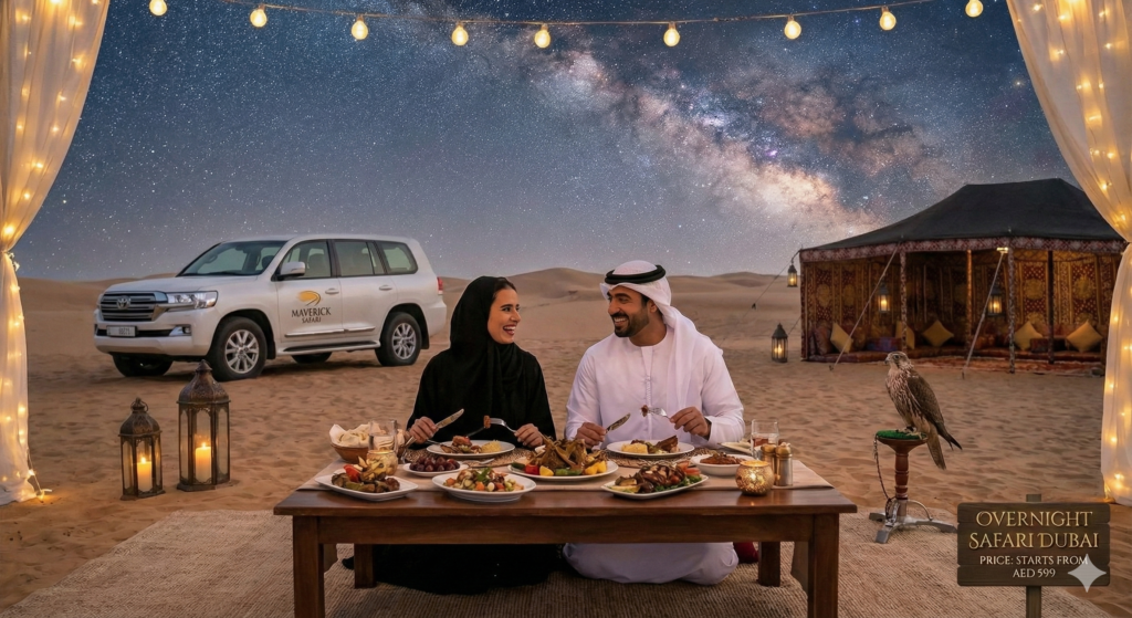 Overnight Safari Dubai price experience featuring a couple enjoying a traditional desert dinner under the stars, with luxury camping tent, 4x4 desert safari vehicle, lantern-lit setup, and authentic Arabian ambiance in Dubai desert.