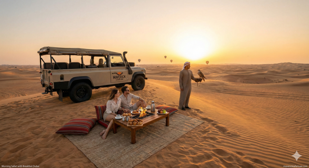 Morning Safari with Breakfast Dubai Morning Safari with Breakfast Dubai showcasing a luxury 4x4 desert safari, private desert camp breakfast setup, camel caravan, hot air balloon, and stunning sunrise in the Arabian Desert