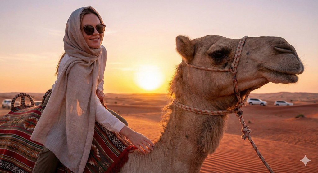 Camel Ride Dubai sunset desert experience with female tourist riding camel across red sand dunes